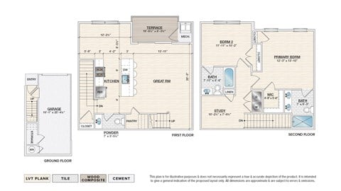Floor plan for 2 beds, 2.5 baths, 1277 sqft